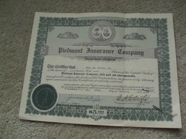 Vintage 1924 Stock Certificate Piedmont Insurance Company 25 Shares - $23.76