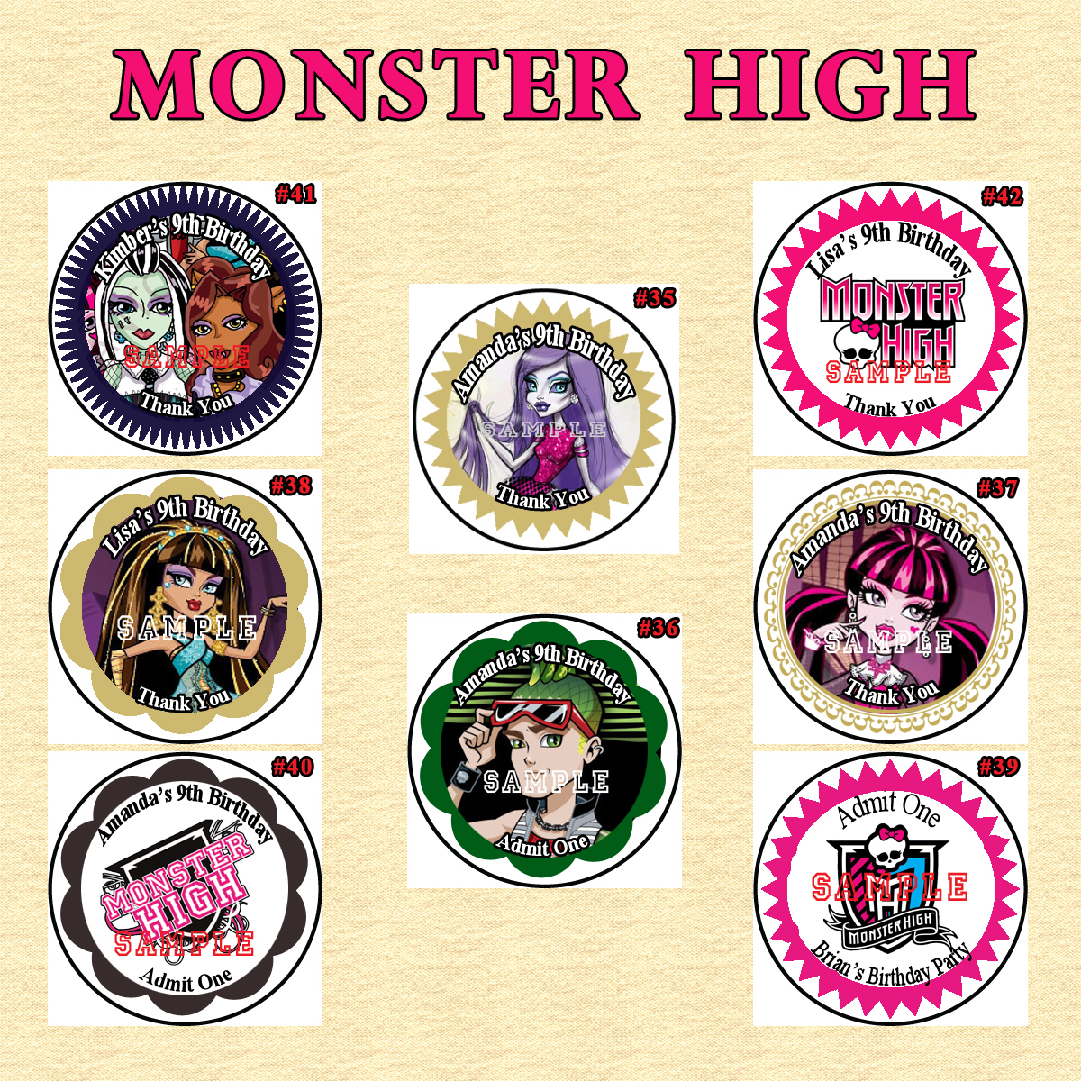 monster high birthday stickers 1 sheet you pick size personalized