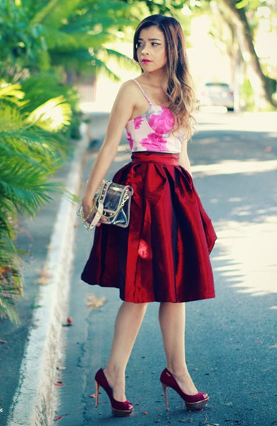 Women Pleated Midi Skirt A-Line Ruffle Taffeta Skirt Outfit - Burgundy,Plus Size