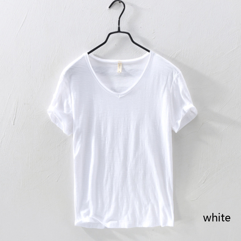 Men’s Thin Short Sleeve T-Shirt V Neck Slim Cut Solid Color Casual Summer Cotta