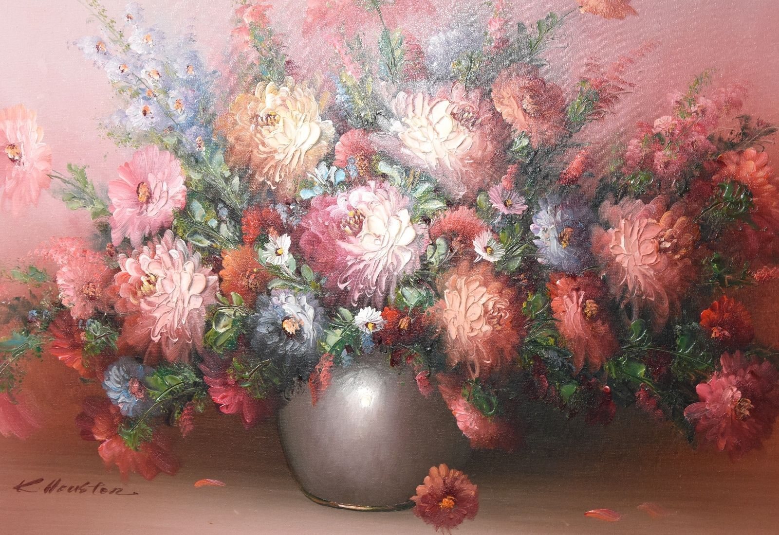 K. HOUSTON VINTAGE SIGNED OIL PAINTING CANVAS FLORAL STILL LIFE FLOWERS