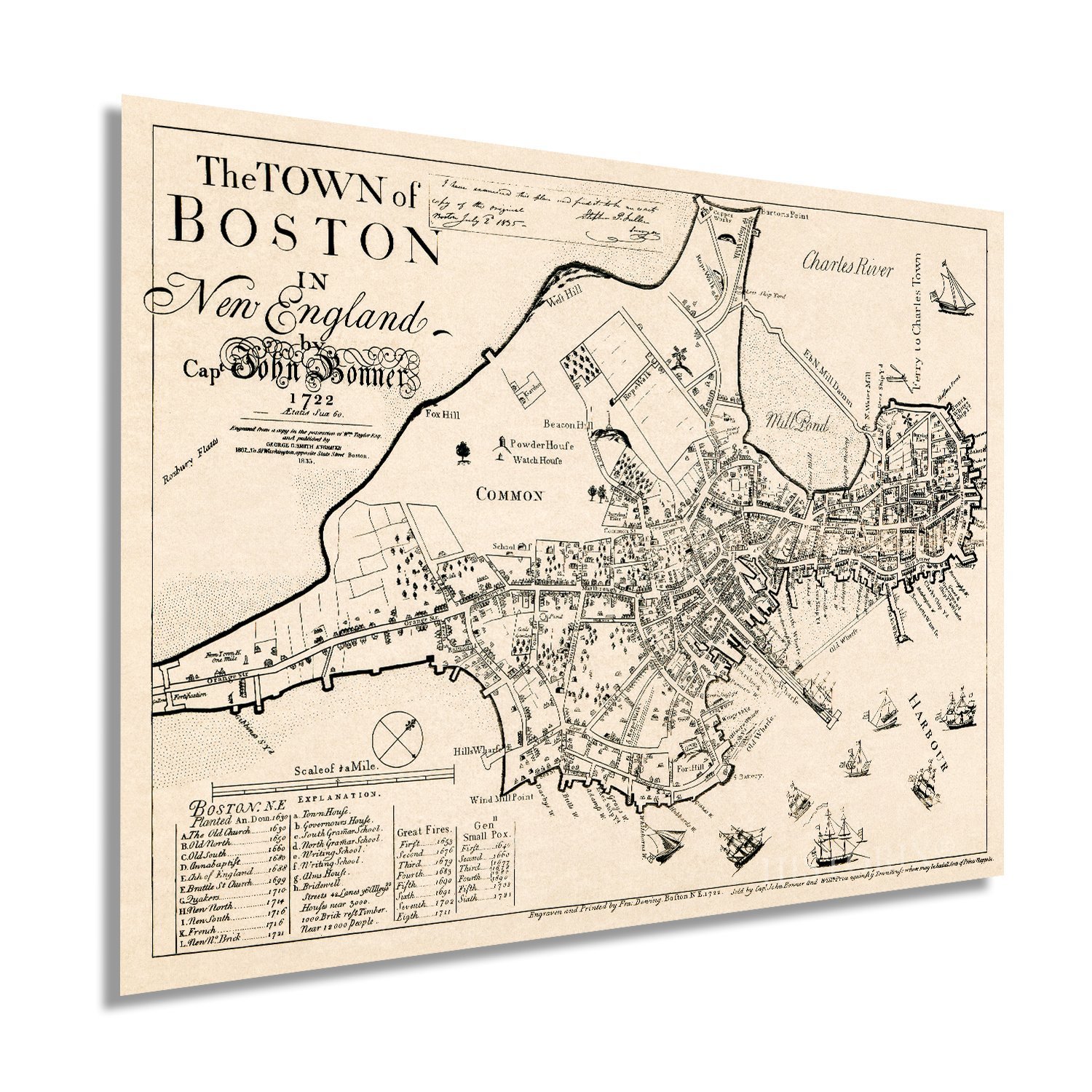 1722 Map of Boston Massachusetts Vintage Map Wall Art of the Town of