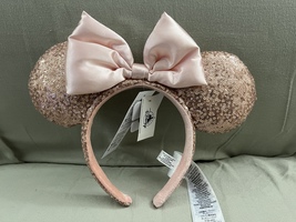 Disney Parks Rose Gold Color Sequin Pink Satin Bow Minnie Mouse Ear Headband NEW image 1