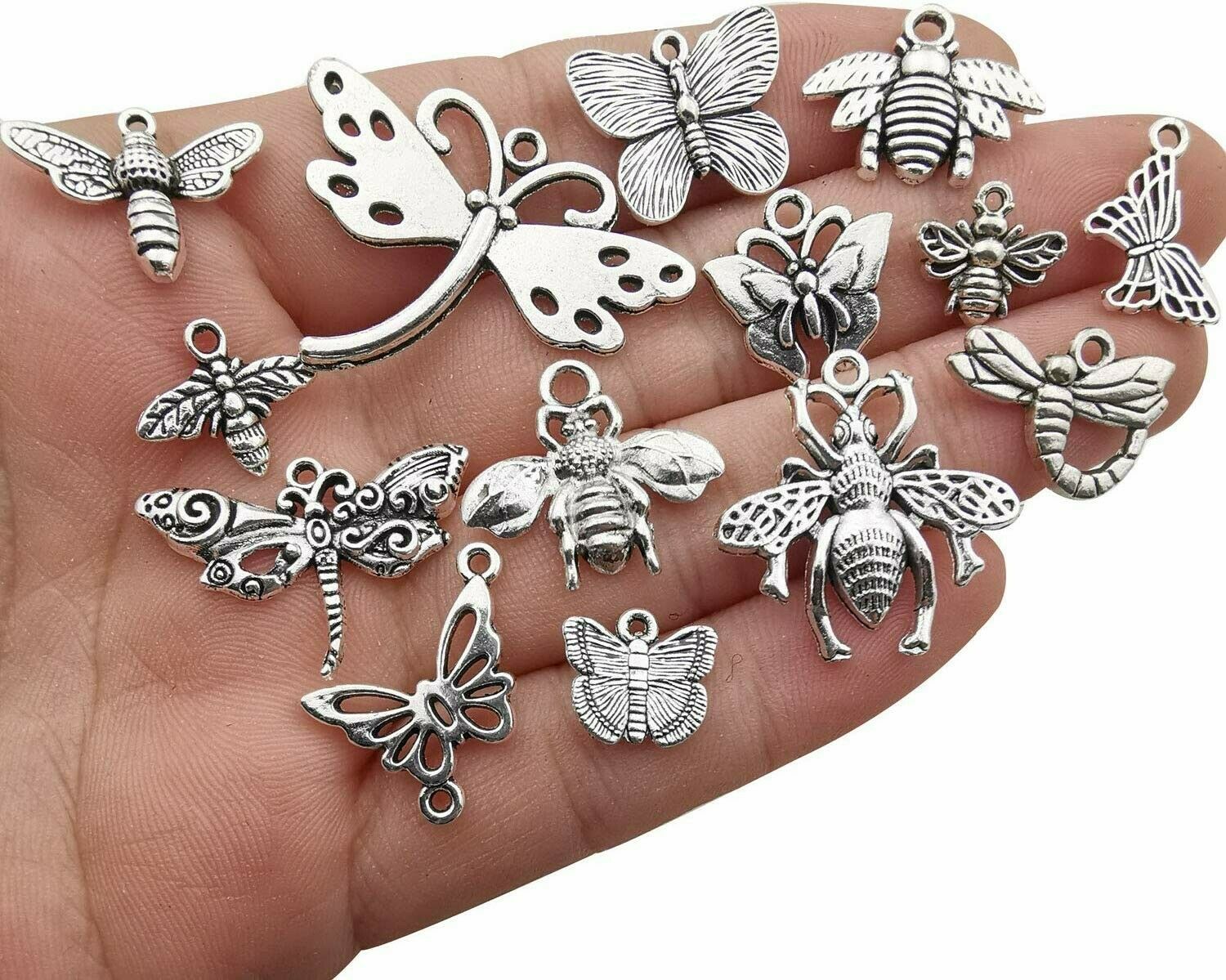 9 Bee Charms Butterfly Pendants Antiqued Silver Assorted Set Insect Wasp