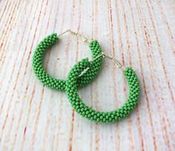 Green Beaded Hoop Statement Post Drop Earrings Dangles for Women - $20.00
