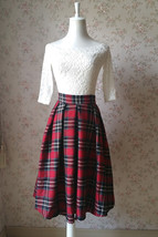 Autumn Women Plaid Skirt Pleated Plaid Skirt - High Waist, Red Check,Midi 