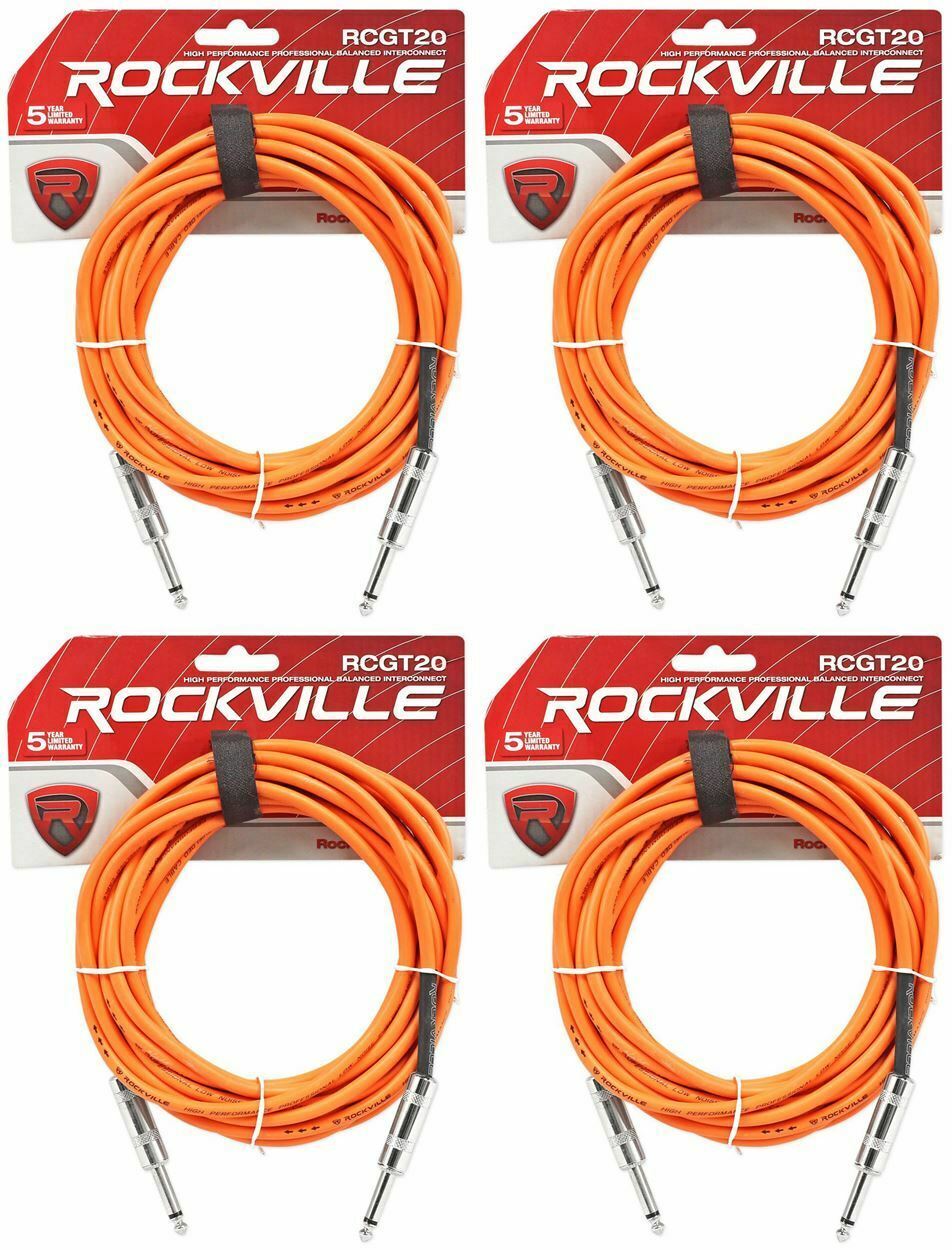 4 Rockville RCGT20O 20'  1/4 TS to 1/4'' TS Guitar/Instrument Cable