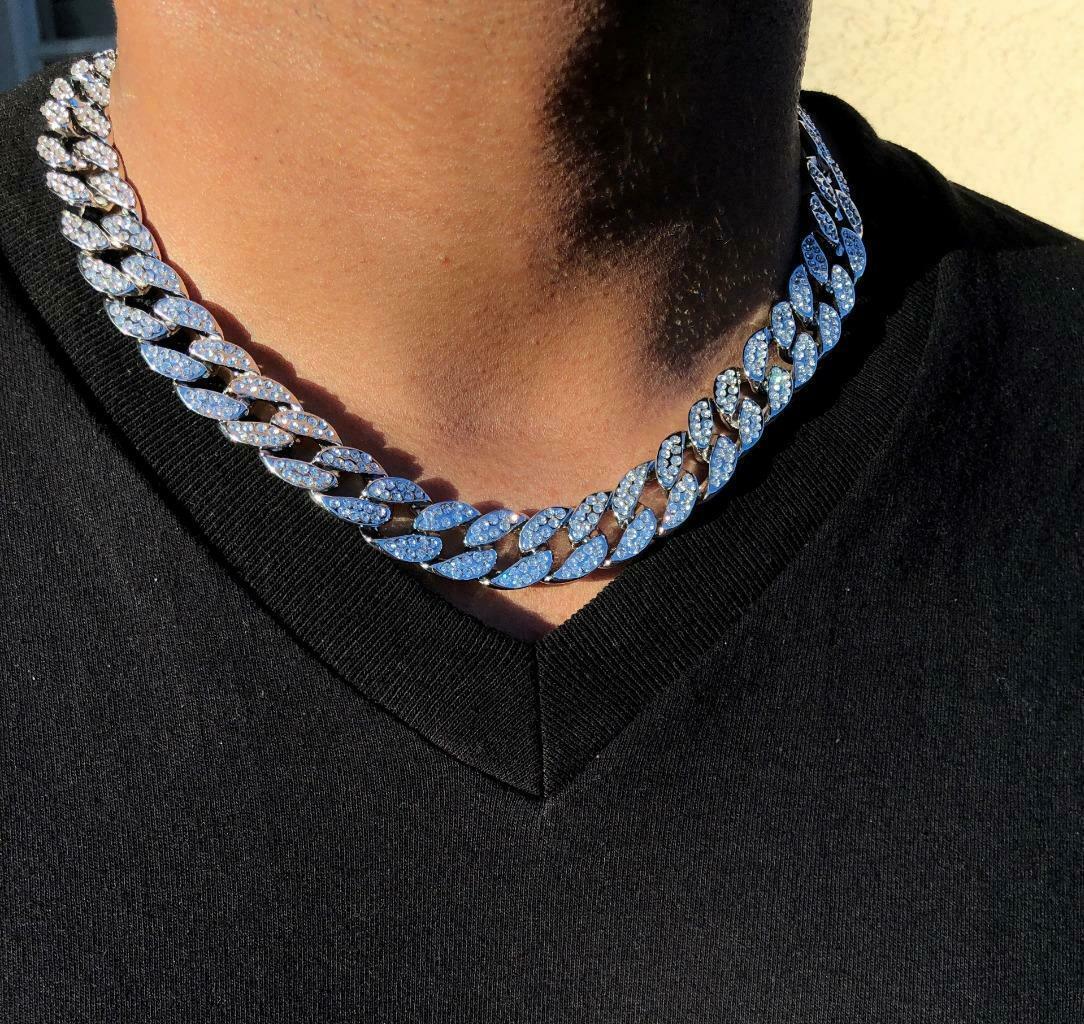 Mens Iced out Miami Cuban Link Chain 14k Rhodium Finish Bling Bust Down