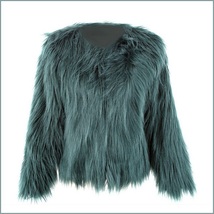 Long Shaggy Hair Dark Green Angora Sheep Faux Fur Medium Length Coat Jacket image 2