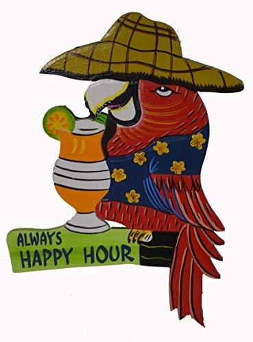 Hand Carved Wooden ALWAYS HAPPY HOUR Cocktails Parrot Drinking BEACH Sign