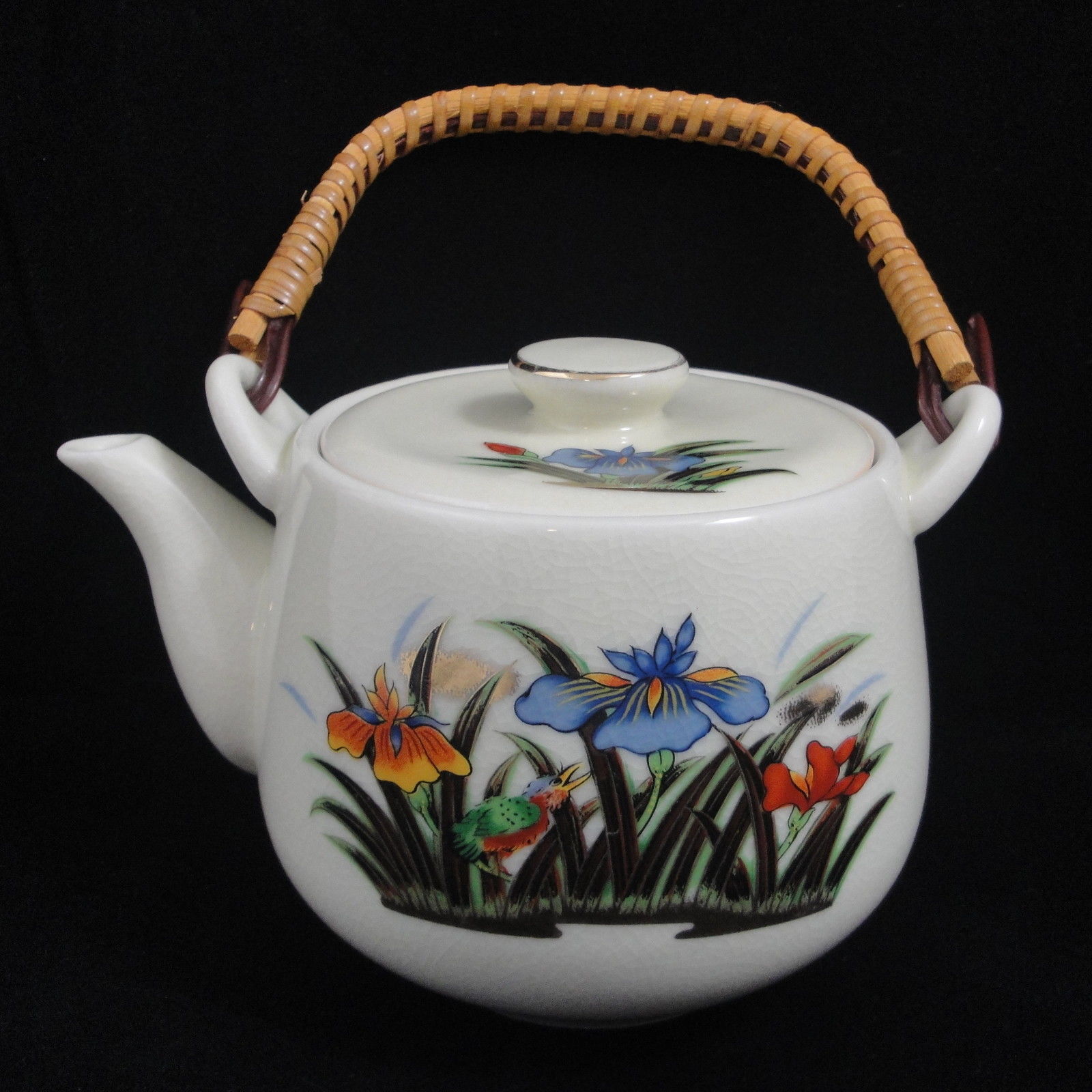 Stoneware Teapot Wicker Handle Japan Gray Green Leaves Brown Speckled 5-1/2...