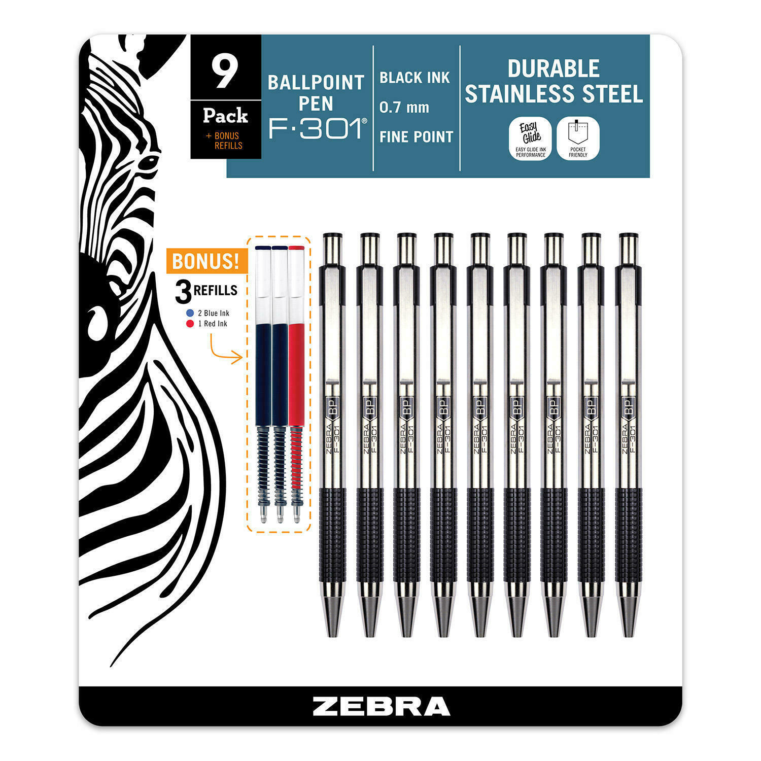 9 PACK ZEBRA BALLPOINT PEN BLACK INC 0.7 mm F 301 STAINLESS STEEL + 3