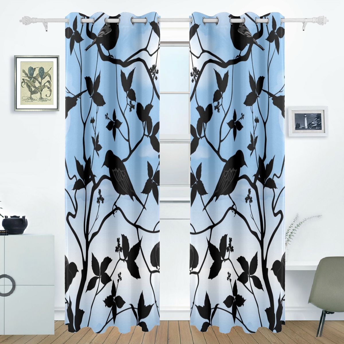 Living Room Curtain Black Bird Quiet Mysterious Print Room Blackout Curtains For Window