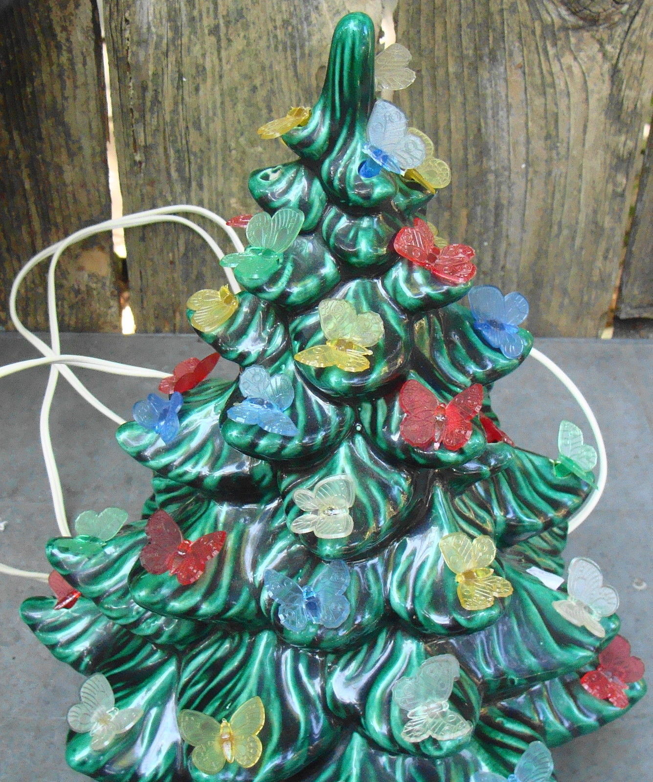 Ceramic Christmas Tree 14" Tall with Butterfly Decorations Christmas