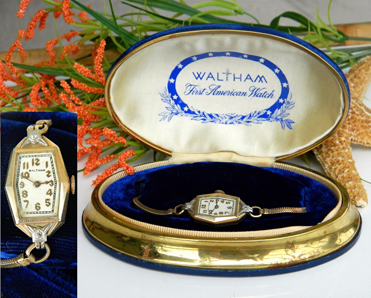 Vintage Waltham Art Deco Ladies Wrist Watch Blue Velvet Case Wristwatches