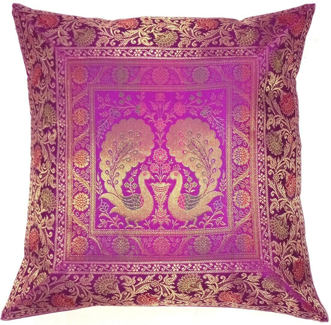 Indian Magenta Peacock Cushion Cover Silk Brocade Pillow Sofa Throw Decor 16