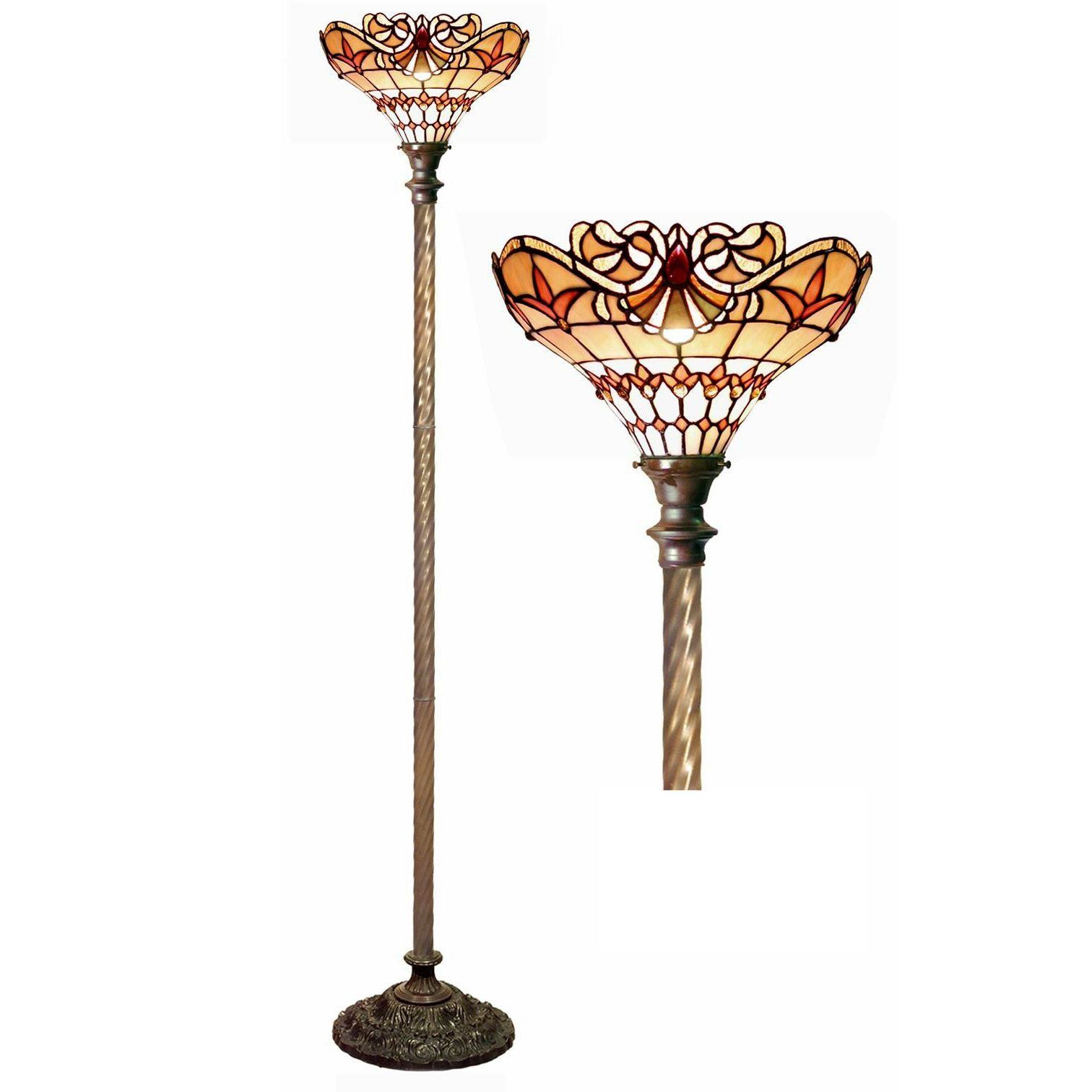 Torch Floor Lamp Tiffany Style Stained Glass Scroll Bronze F. Metal Handcrafted Floor Lamps
