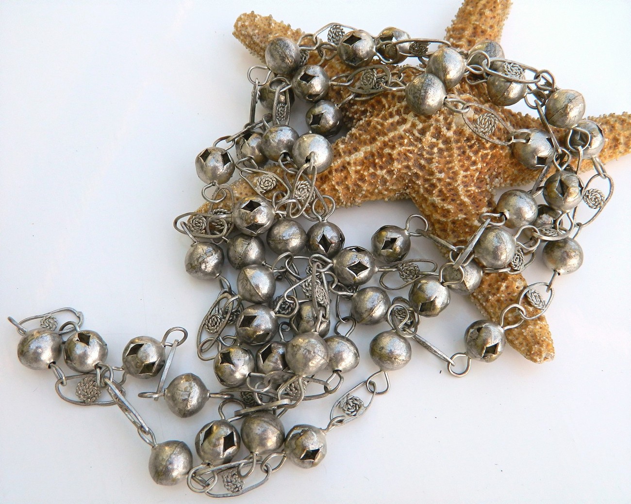 Vintage Silver Balls Mexican Wedding Necklace Filigree Long Mexican