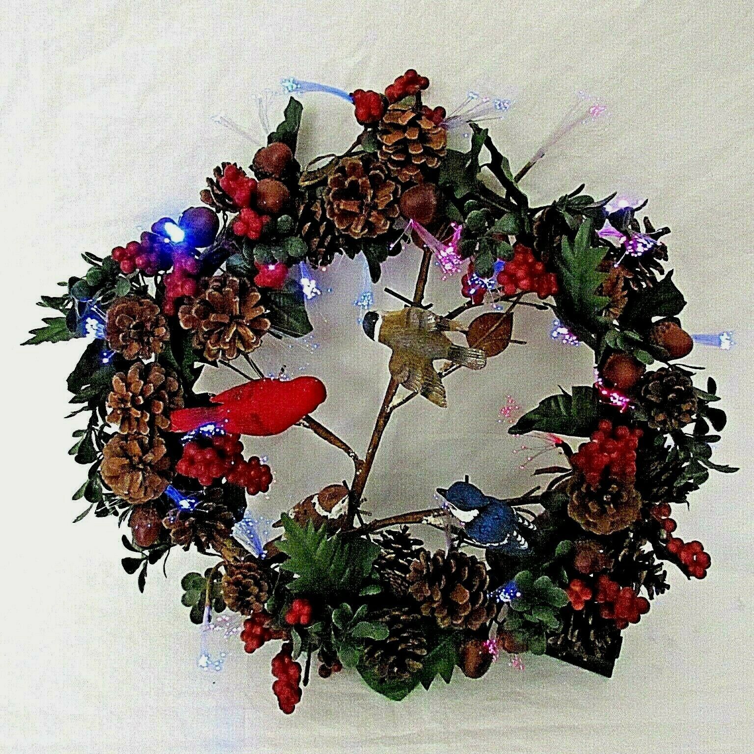 Fiber Optic Bird Wreath Lighted Blue Jay Cardinal Pine Cones Fall