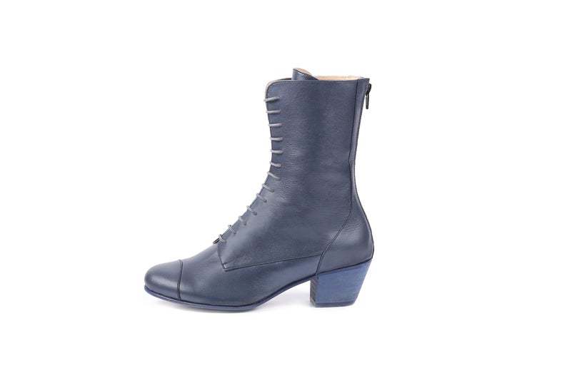 High Ankle Cap Toe Blue Lace Up Genuine Leather Handmade Women Elegant Boots