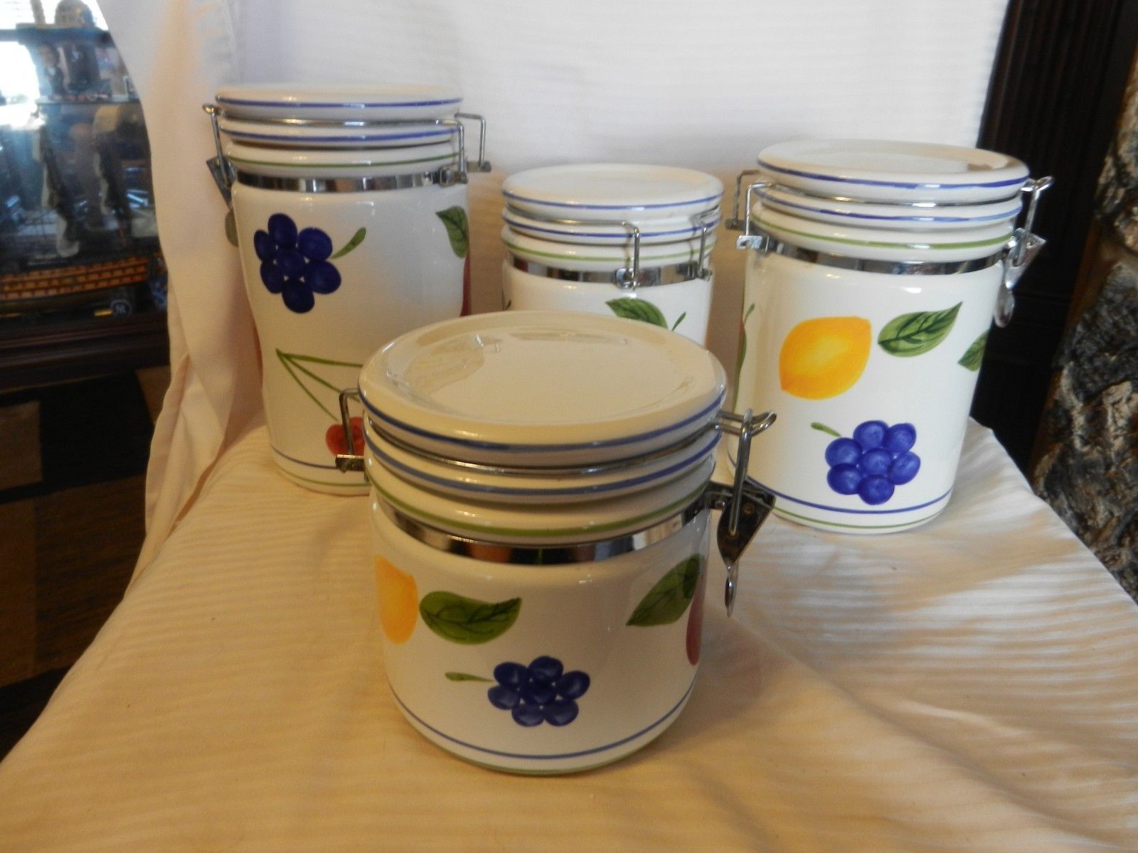 Set of 4 Ceramic Locking Canisters White With Fruit from Certified