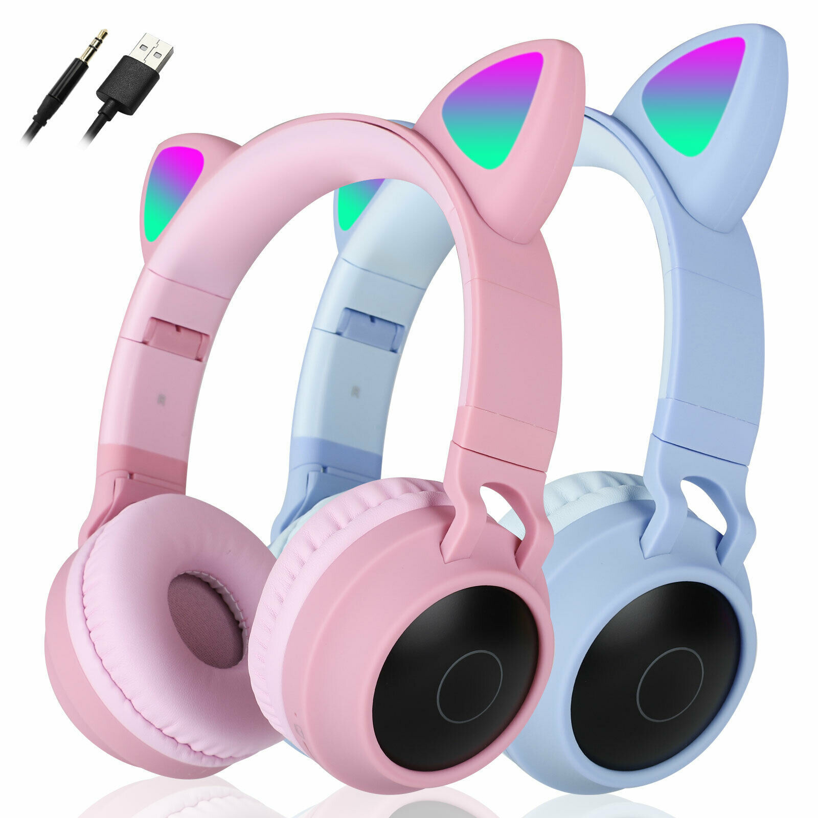 Cute Cat Ear LED Wireless Bluetooth Headset Noise Cancelling Over Ear