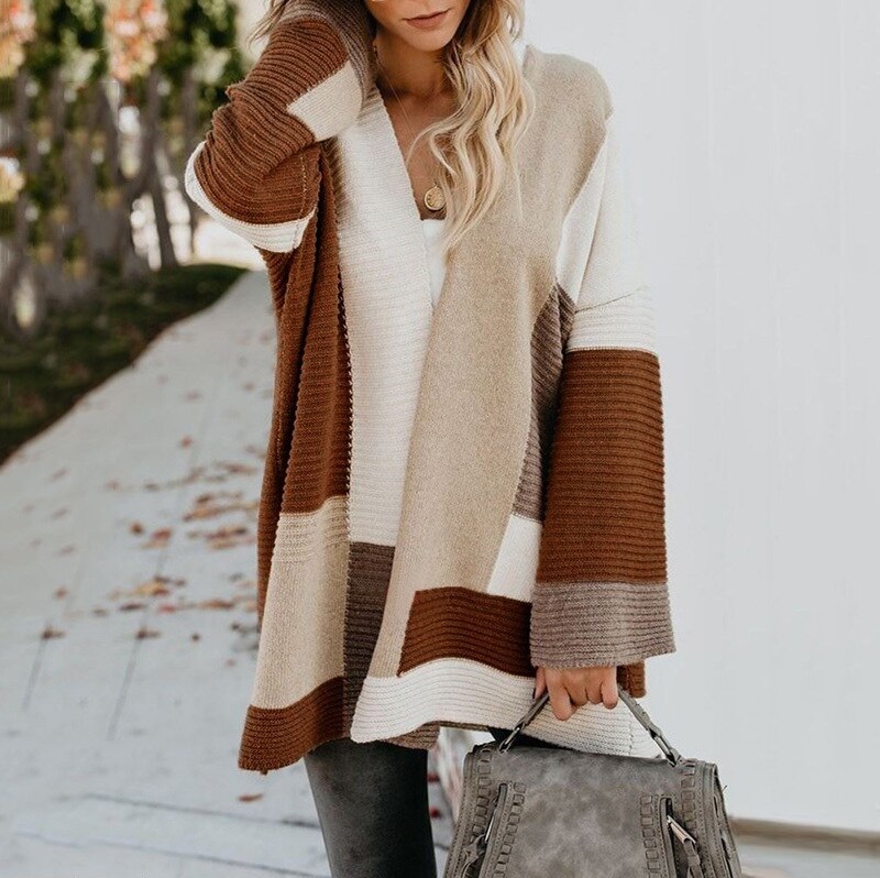 New brown beige colorblock long sleeve knitted women loose cardigan open sweater