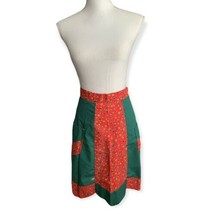 Handmade Waist Apron Red Floral Green Pockets Half Apron Holiday - $14.84