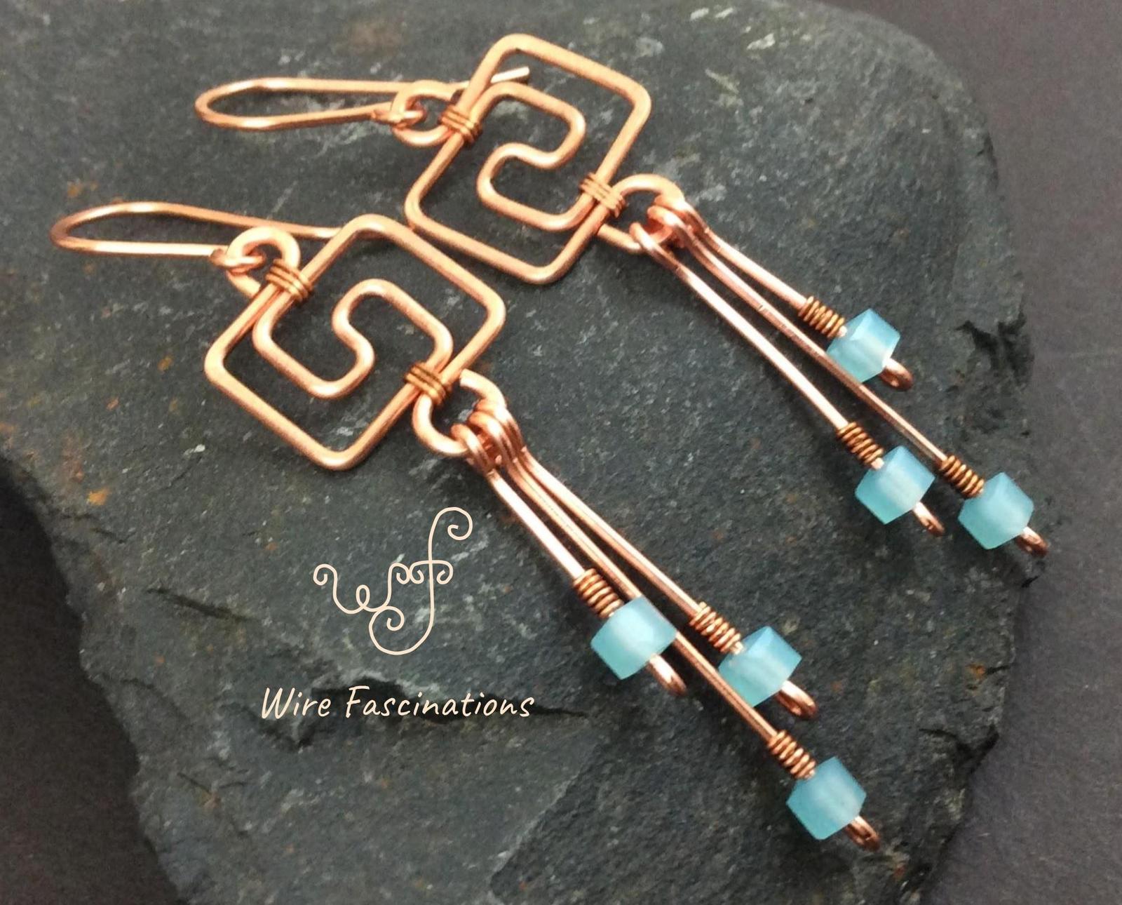 Handmade copper earrings: Greek key design long dangles light blue cube ...