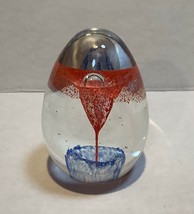 Hand-blown Art Glass oval floral paperweight, single bubble, red splash ... - $34.95