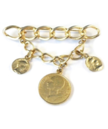Vintage Faux 3 Coin Charm Pin Brooch Dangle Chains Goldtone - £7.46 GBP
