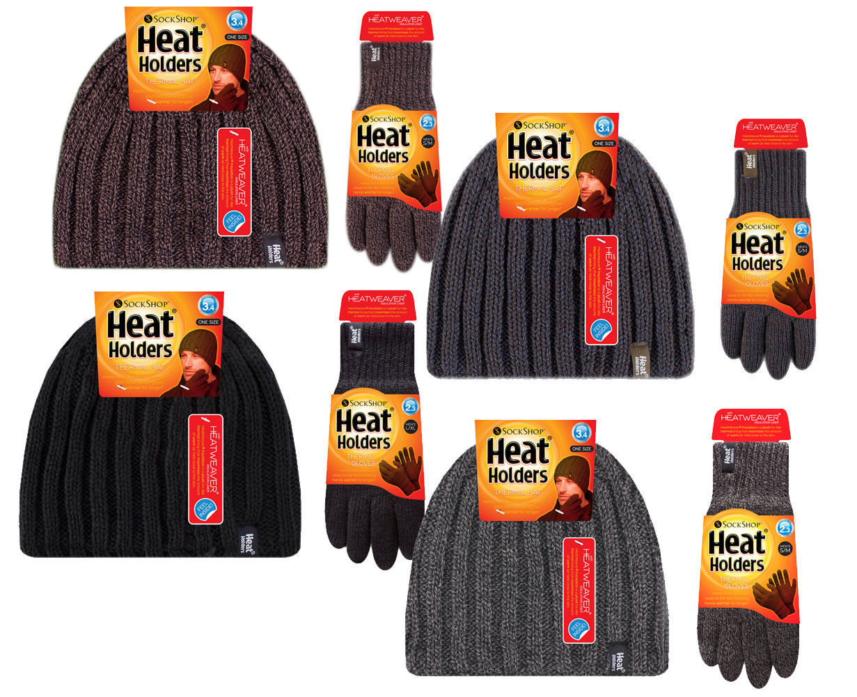 Heat Holders - Mens Warm Knitted Thermal Insulated Winter Hat and Gloves Set
