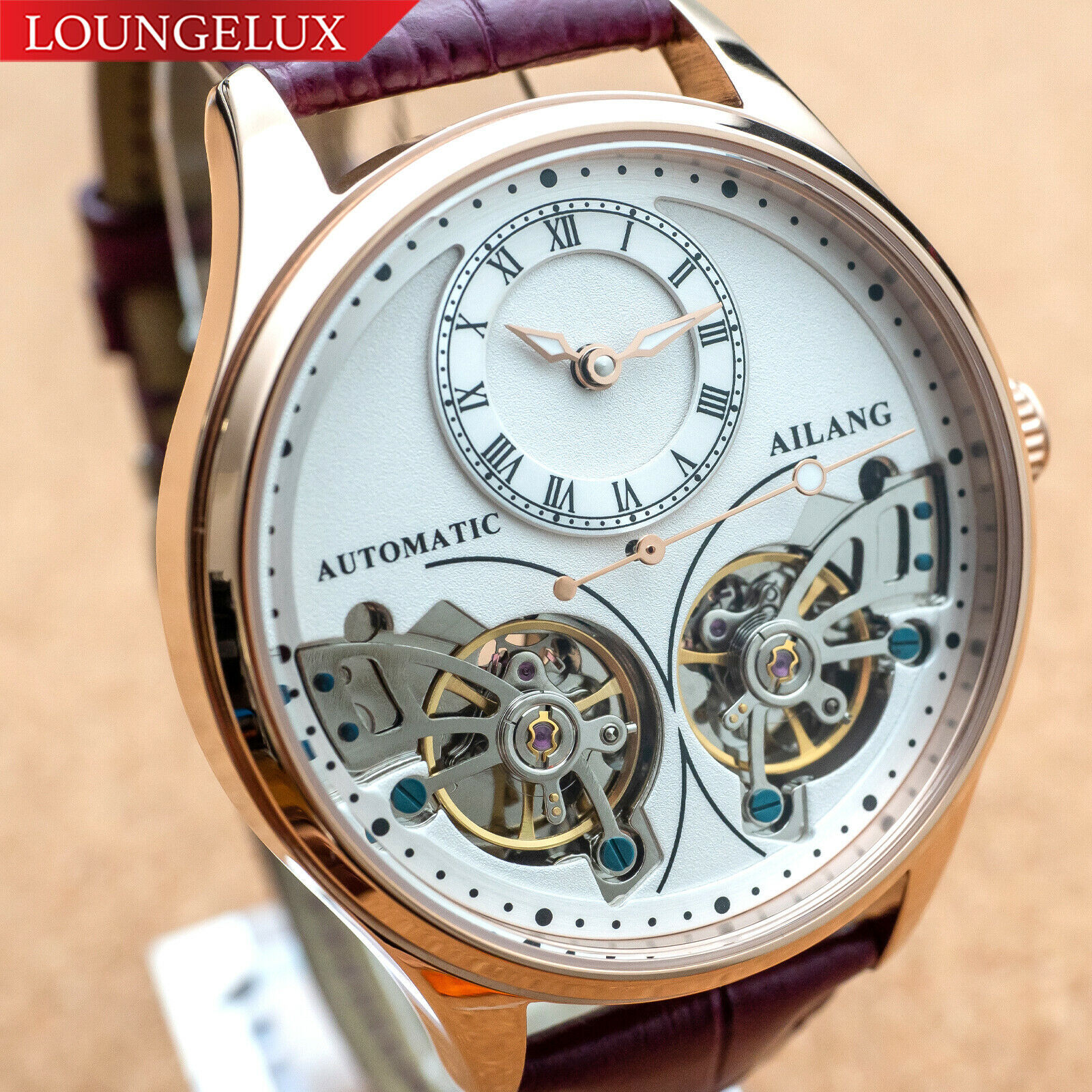 Mens Double Flywheel Automatic Mechanical Watch Rose Gold White Purple