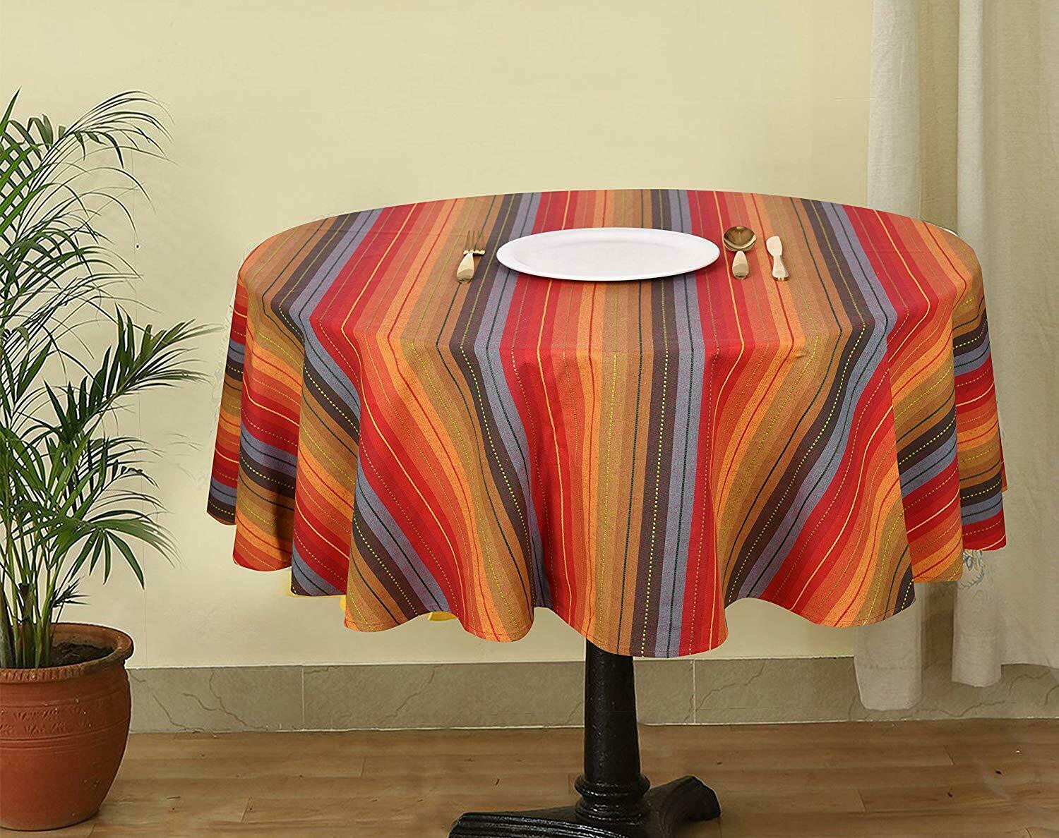 Boho Style Colorful Striped 70" Round Cotton Tablecloth Tablecloths
