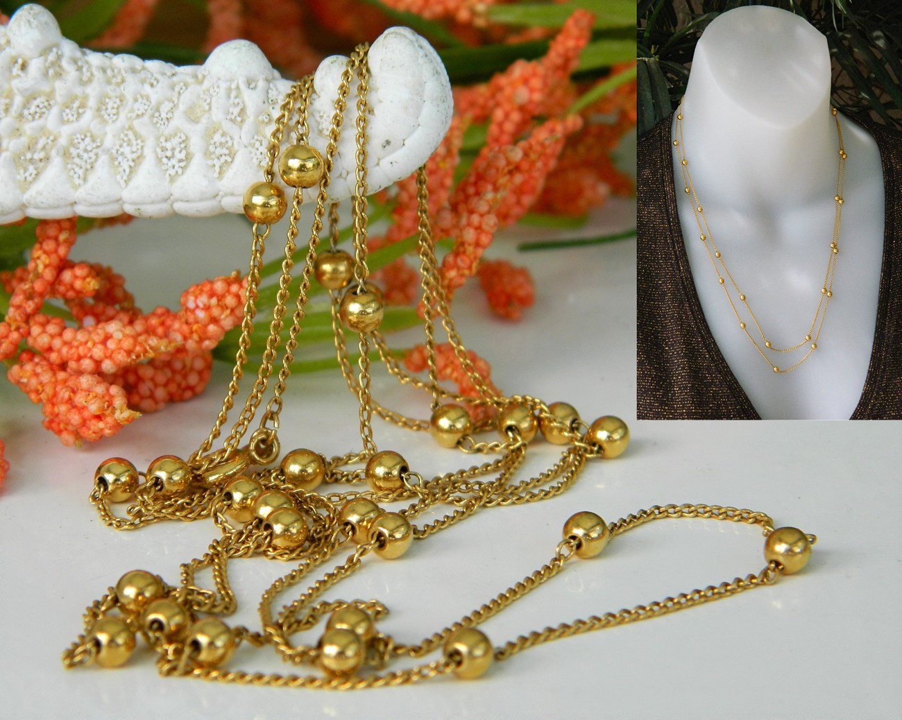 Vintage Trifari Long Chain Necklace Gold Tone Bead Accents - Necklaces ...
