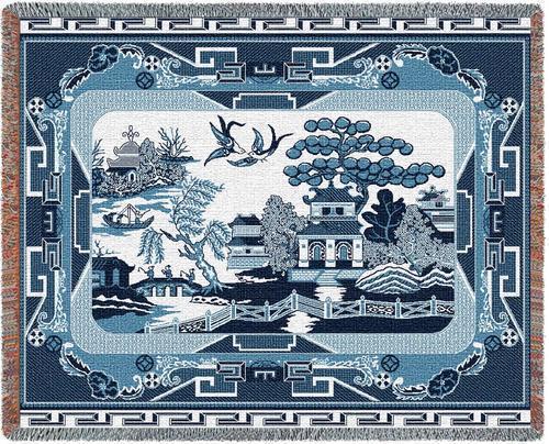 70x54 WILLOW BLUE China Asian Tapestry Throw Blanket  - $60.00