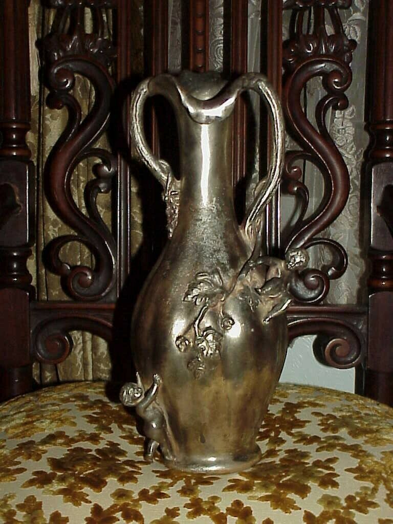 Primary image for Art Nouveau Silverplate H.HUPPE Etain Garanti Pur 2 Handle Putti Cherub Vase 14"
