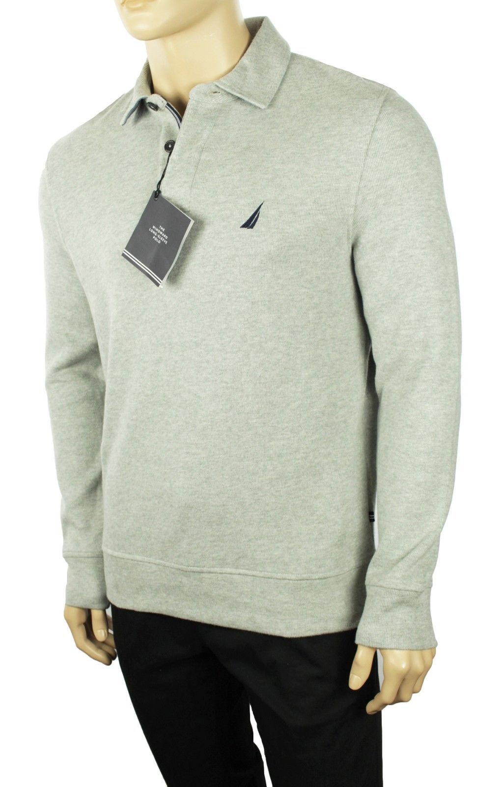NEW MENS NAUTICA WINDWARD LONG SLEEVE GREY CLASSIC FIT FRENCH RIBBED POLO L $79