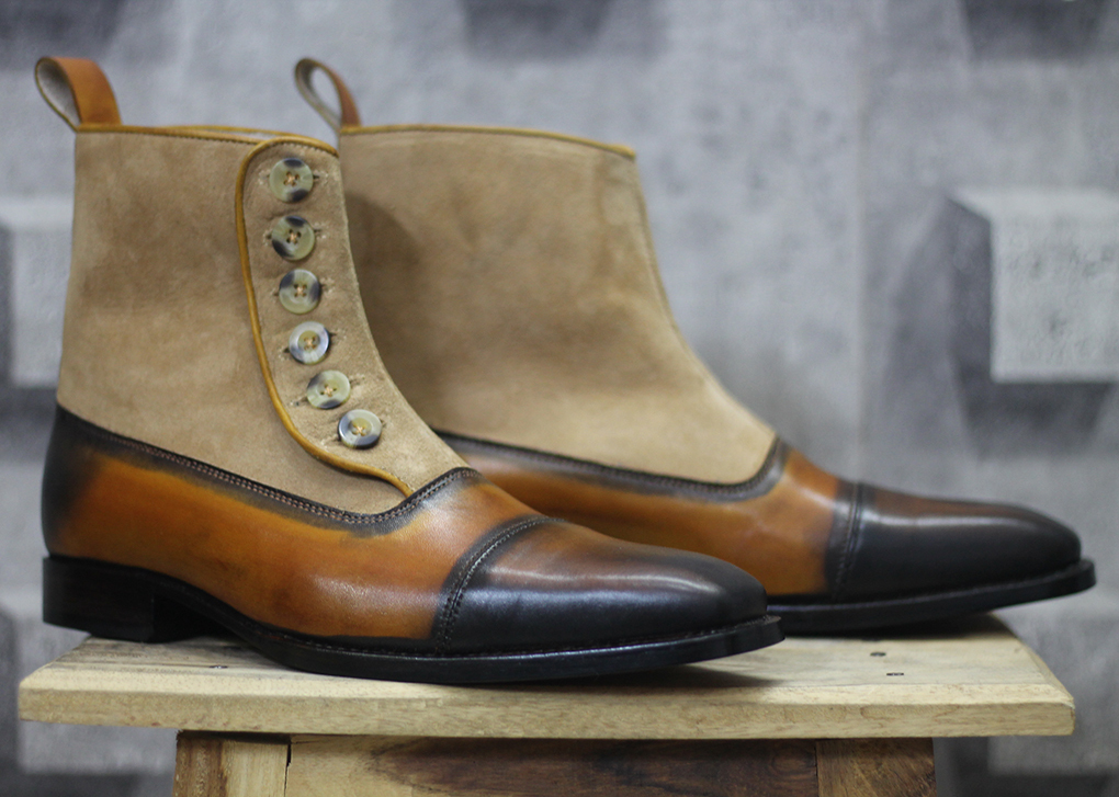 Handmade Men Multi Color Leather Suede Cap Toe Button Boots, Mens Designer Boots