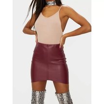 New Women Fashion Asymmetric Panel Burgundy Real Leather Mini Skirt - $109.99