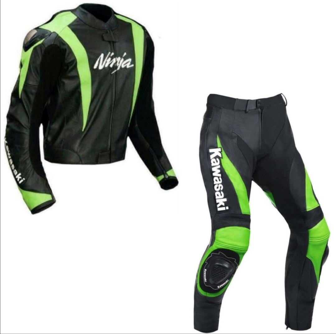 KAWASAKI  GREEN /BLACK GRAINED COWHIDE 2PIECE RACING LEATHER SUIT WITH PROTCTION