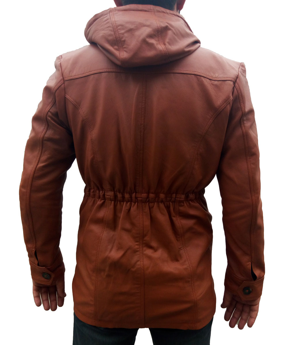 Long hooded leather jacket