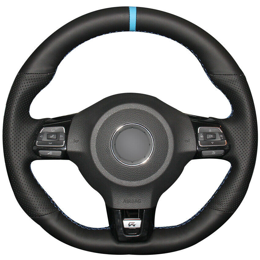 Black Leather Light Blue Marker Car Steering Wheel Cover for Volkswagen Polo GTI Steering