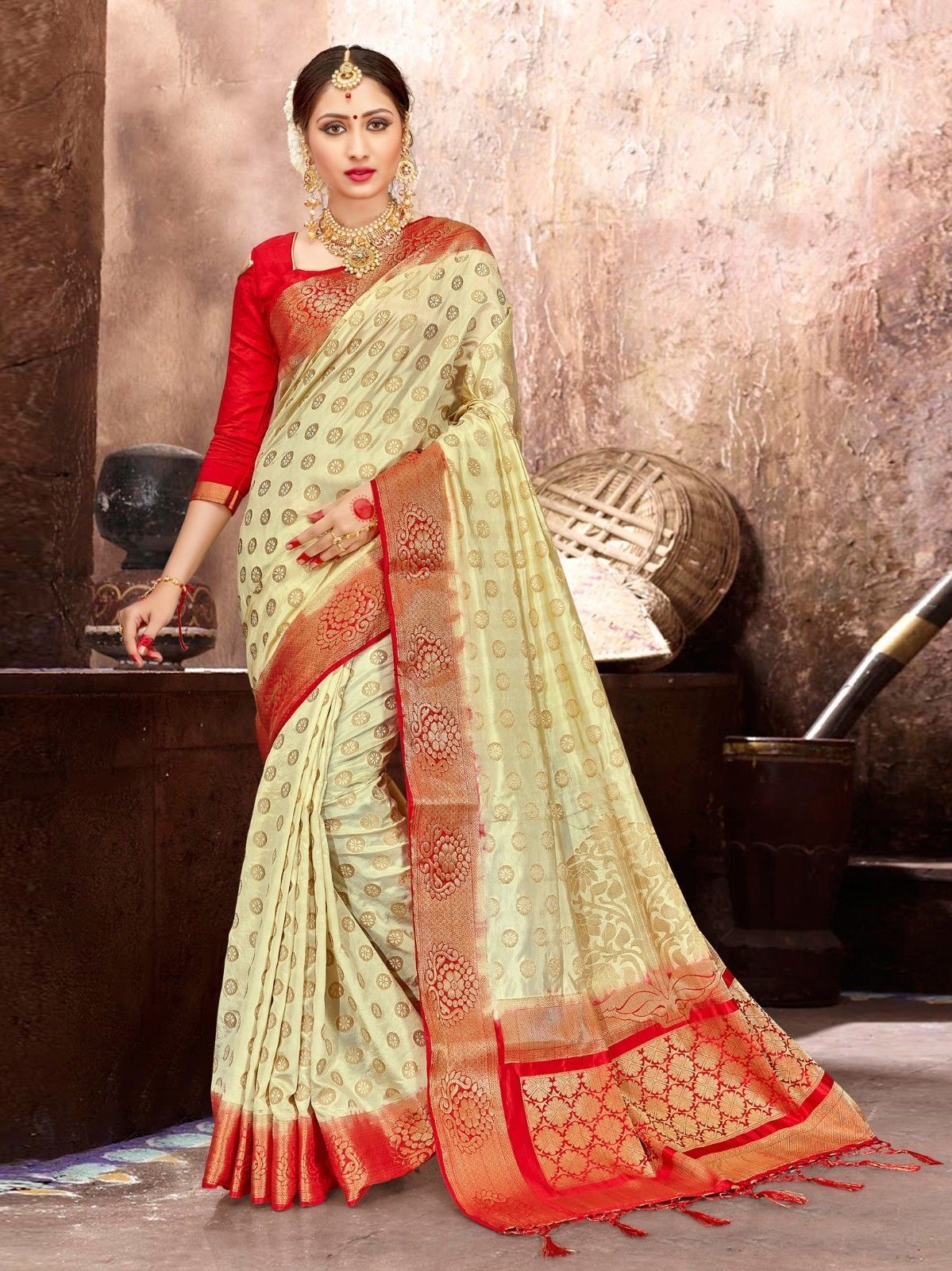 New Indian Ethnic Bridal Women Saree Cream Banarasi Art Silk Woven Sari ...