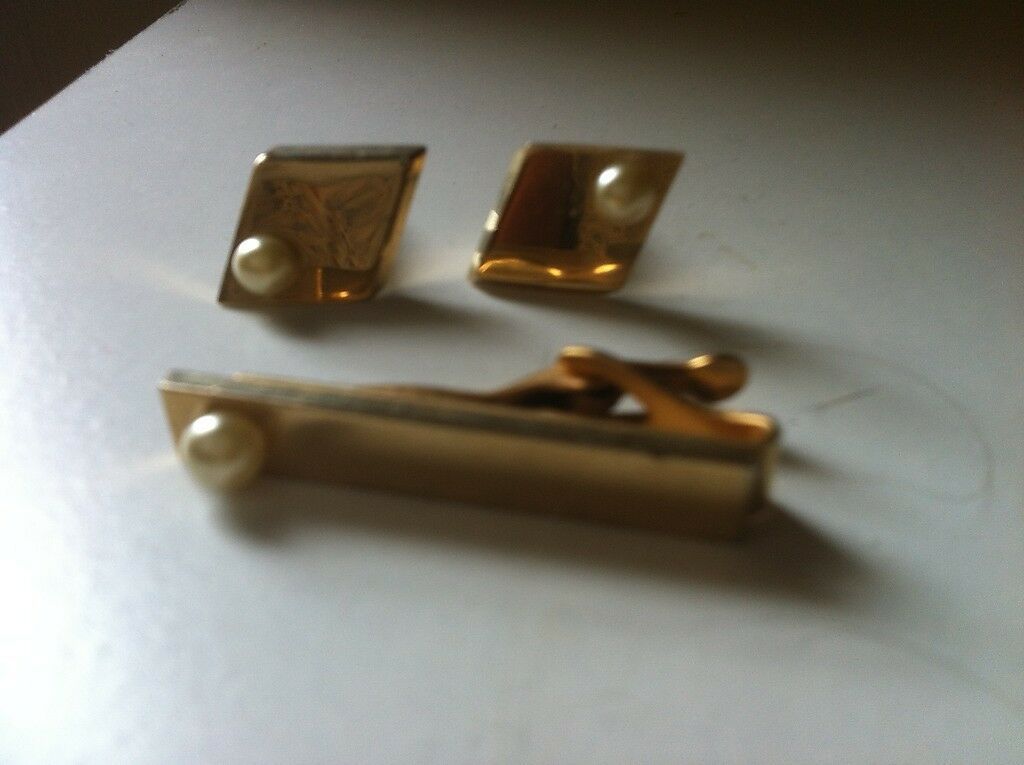 Vintage Cufflinks and Matching Tie Tac Goldtone with Pearls - $10.00
