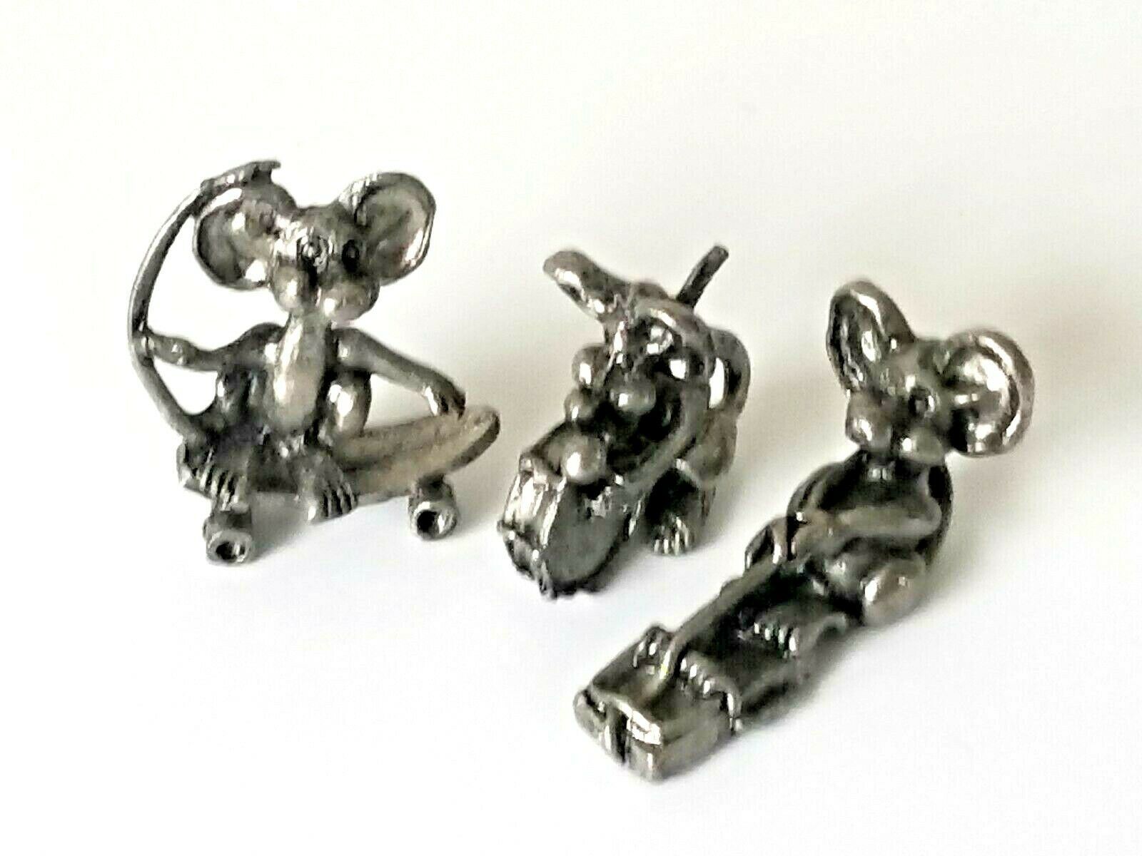 3 Vintage Miniature Pewter Mice Mouse Figurines Drum Skateboard 