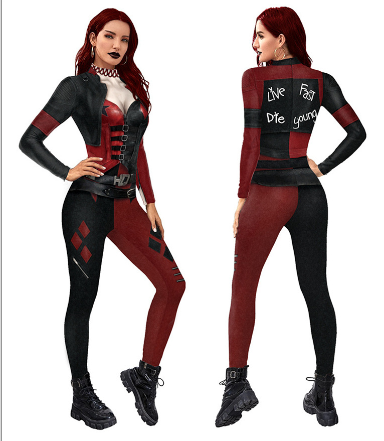 Halloween Harley Quinn Long Sleeve Slim Personality Romper Jumpsuits for Women