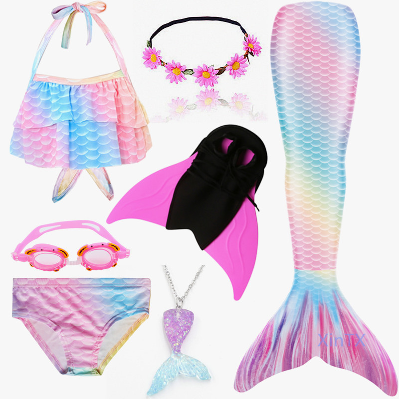 NEW!7PCS/SET Rainbow Mermaid Tail Swimming with Fin Swimsuit Costume for Girls