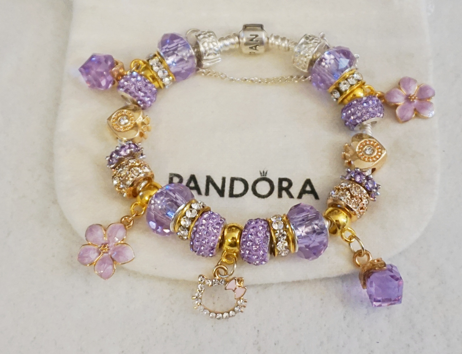 Purple & Gold Flowers & Cat - Authentic Pandora Bracelet