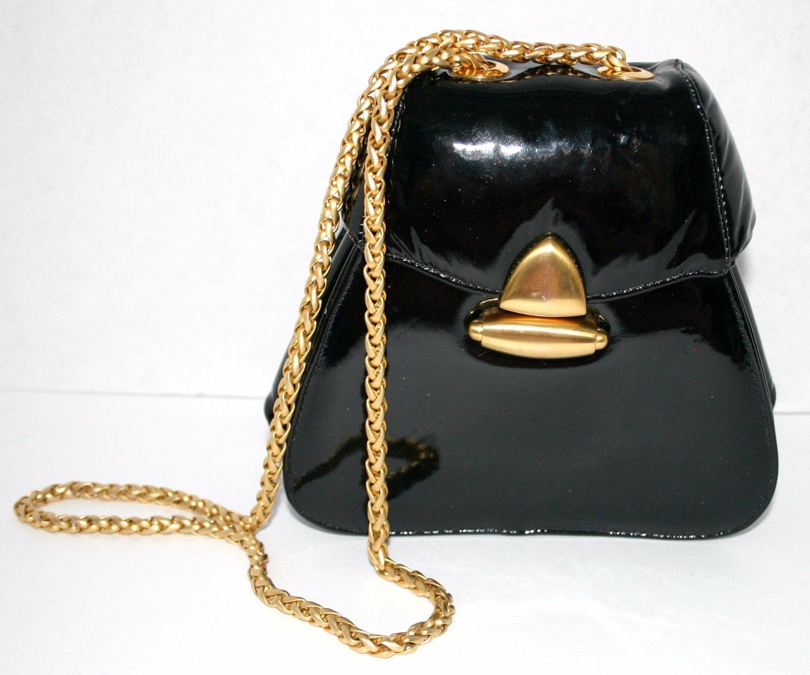 Exquisite Retro black patent evening bag Sondra Roberts heavy gold chain strap - Handbags & Purses